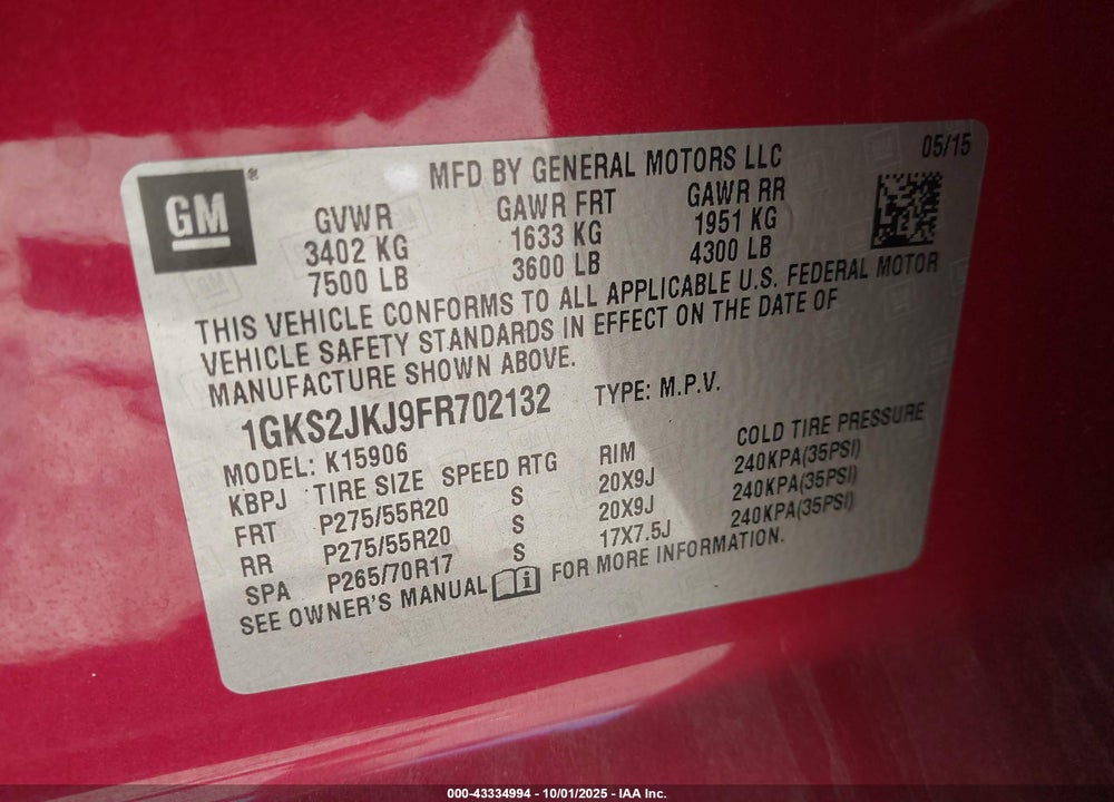 2015 GMC YUKON XL 1500 DENALI VIN: 1GKS2JKJ9FR702132