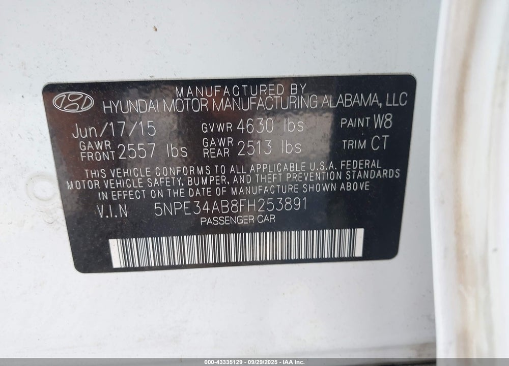 2015 HYUNDAI SONATA LIMITED 2.0T VIN: 5NPE34AB8FH253891
