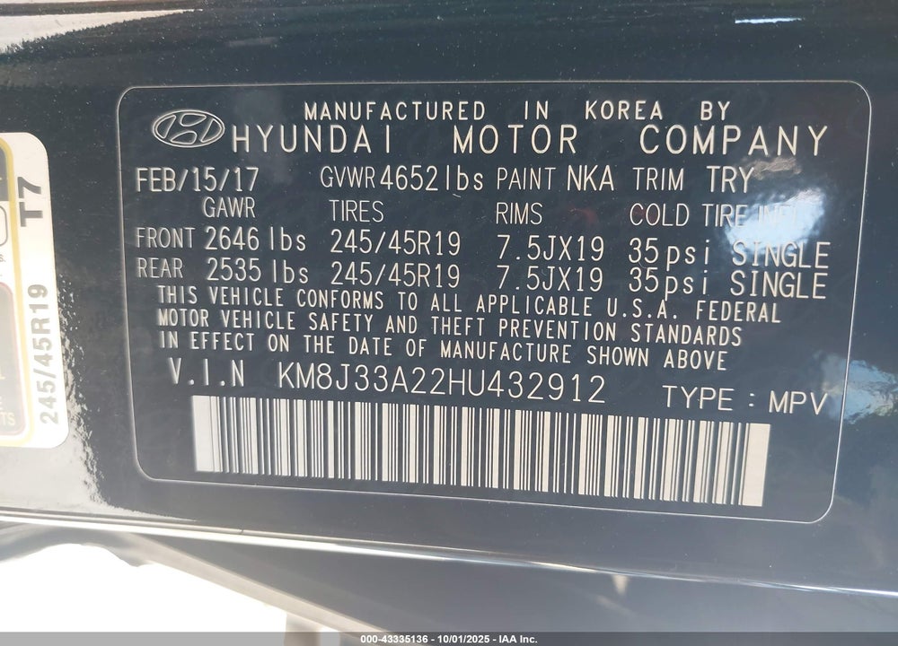 2017 HYUNDAI TUCSON NIGHT VIN: KM8J33A22HU432912