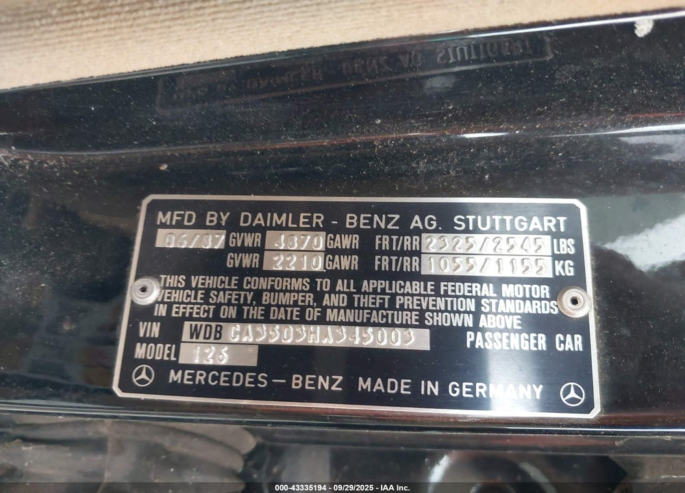 1987 MERCEDES-BENZ 420 SEL VIN: WDBCA35D3HA345003