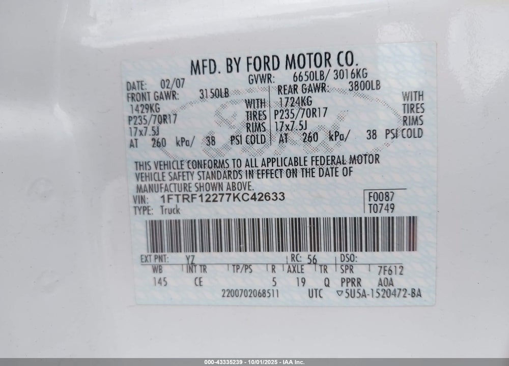 2007 FORD F-150 VIN: 1FTRF12277KC42633