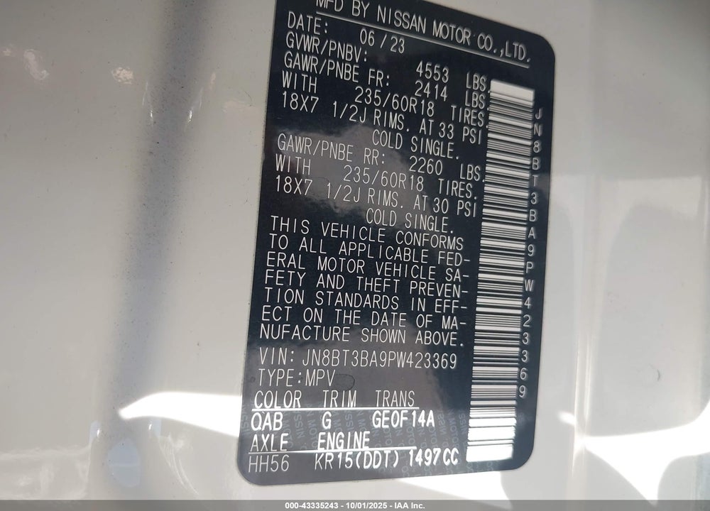 2023 NISSAN ROGUE SV FWD VIN: JN8BT3BA9PW423369