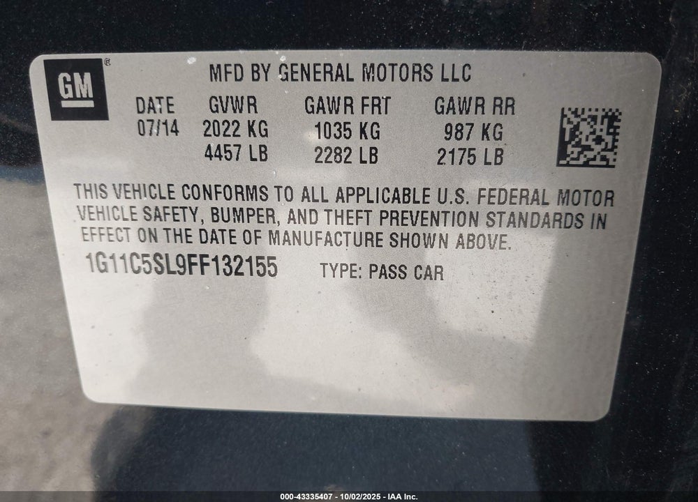 2015 CHEVROLET MALIBU VIN: 1G11C5SL9FF132155