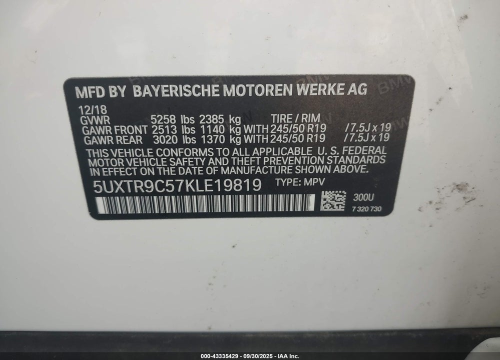 2019 BMW X3 VIN: 5UXTR9C57KLE19819