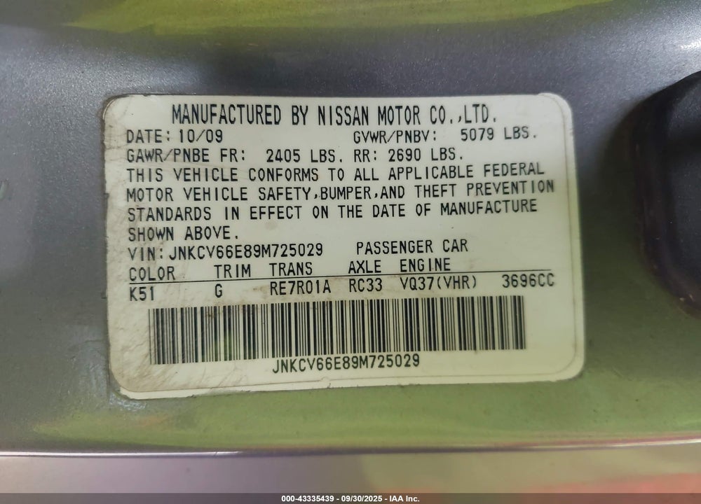 2009 INFINITI G37 VIN: JNKCV66E89M725029