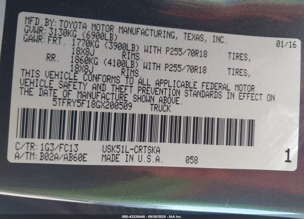 2016 TOYOTA TUNDRA VIN: 5TFRY5F18GX200509