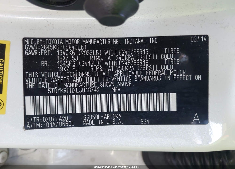 2014 TOYOTA HIGHLANDER VIN: 5TDYKRFH7ES018742
