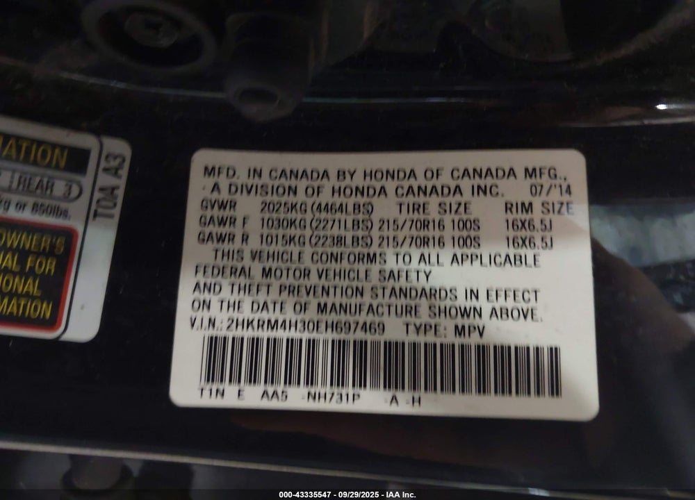 2014 HONDA CR-V LX VIN: 2HKRM4H30EH697469