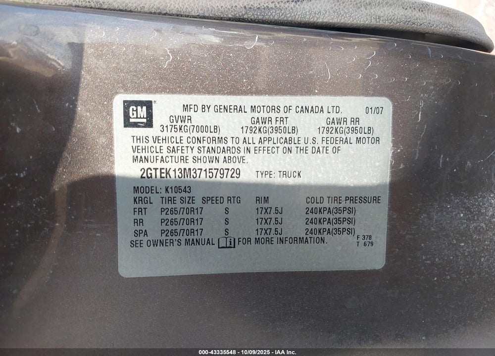 2007 GMC SIERRA 1500 SLE1 VIN: 2GTEK13M371579729