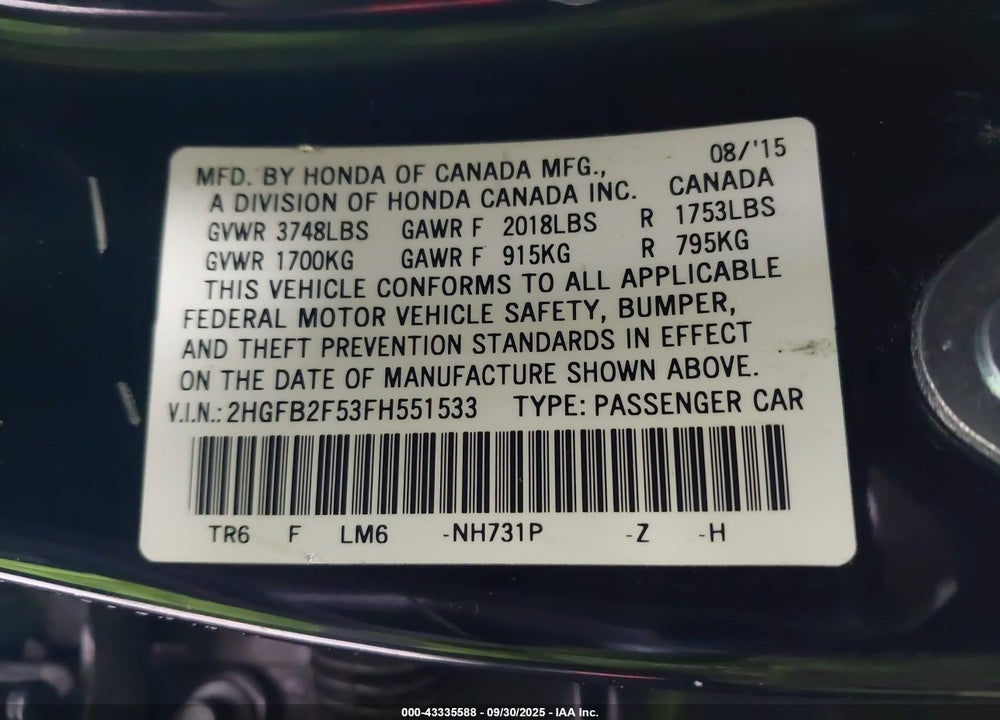 2015 HONDA CIVIC VIN: 2HGFB2F53FH551533