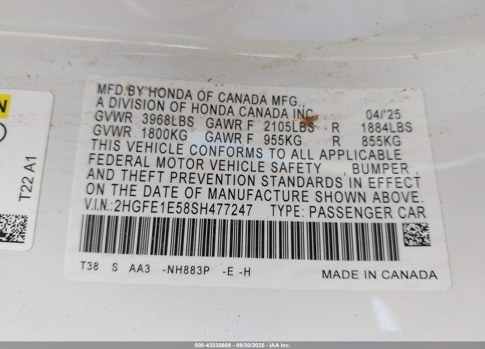 2025 HONDA CIVIC VIN: 2HGFE1E58SH477247