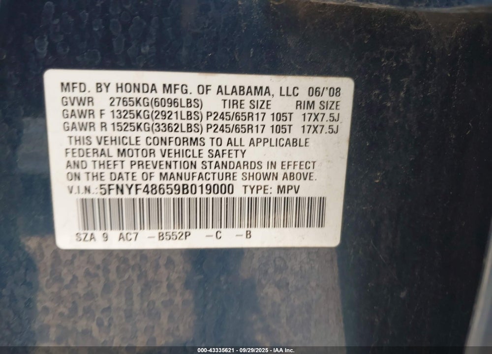 2009 HONDA PILOT VIN: 5FNYF48659B019000