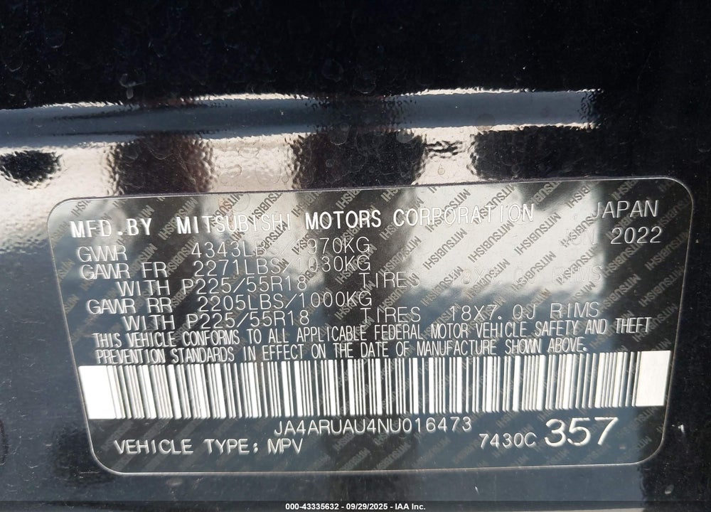 2022 MITSUBISHI OUTLANDER SPORT 2.0 BE AWC VIN: JA4ARUAU4NU016473