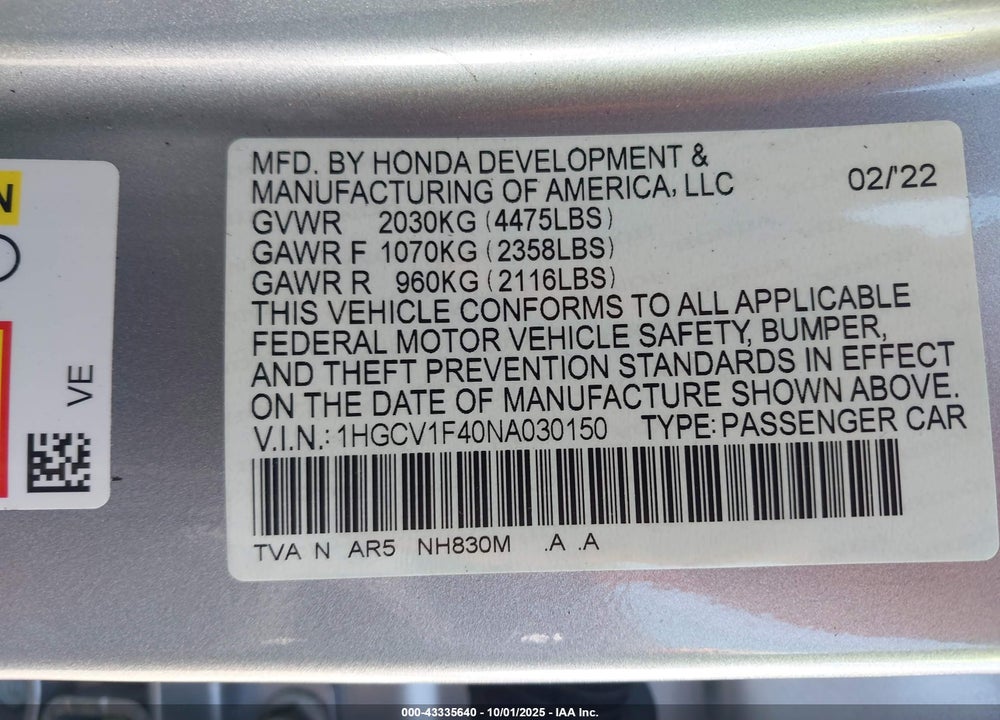 2022 HONDA ACCORD SPORT SPECIAL EDITION VIN: 1HGCV1F40NA030150