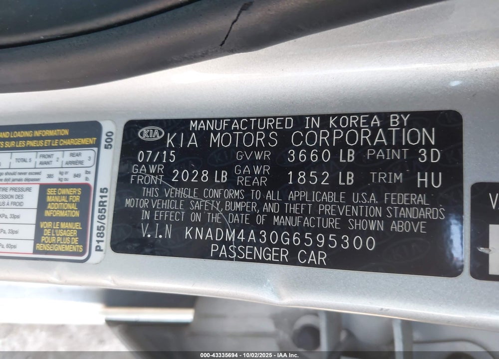 2016 KIA RIO VIN: KNADM4A30G6595300