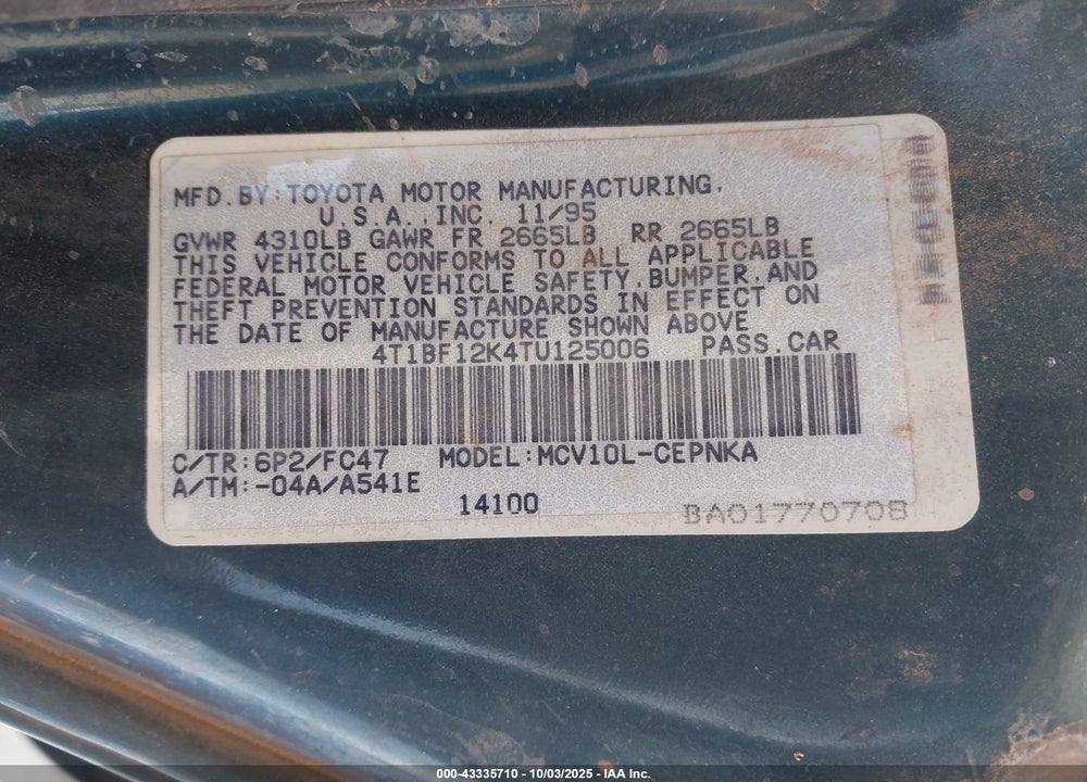 1996 TOYOTA CAMRY LE/XLE/SE VIN: 4T1BF12K4TU125006