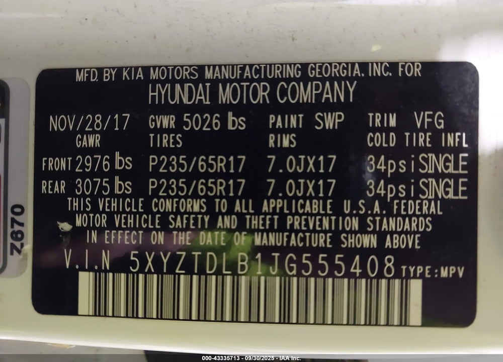 2018 HYUNDAI SANTA FE SPORT 2.4L VIN: 5XYZTDLB1JG555408
