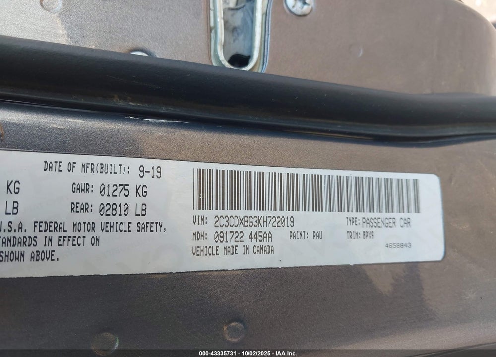 2019 DODGE CHARGER VIN: 2C3CDXBG3KH722019