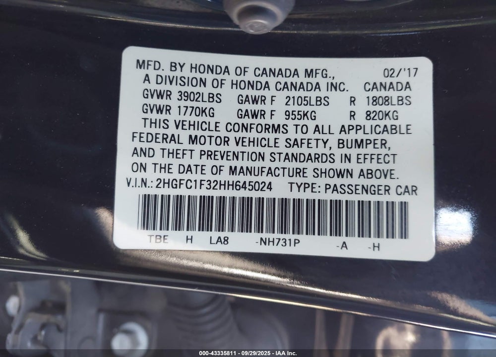 2017 HONDA CIVIC VIN: 2HGFC1F32HH645024