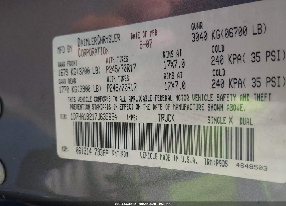 2007 DODGE RAM 1500 VIN: 1D7HA18217J635654