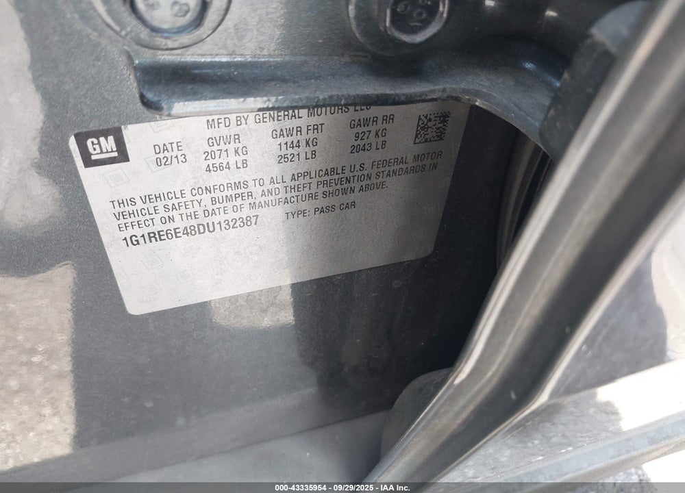 2013 CHEVROLET VOLT VIN: 1G1RE6E48DU132387