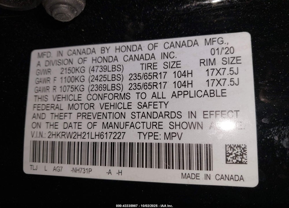 2020 HONDA CR-V VIN: 2HKRW2H21LH617227