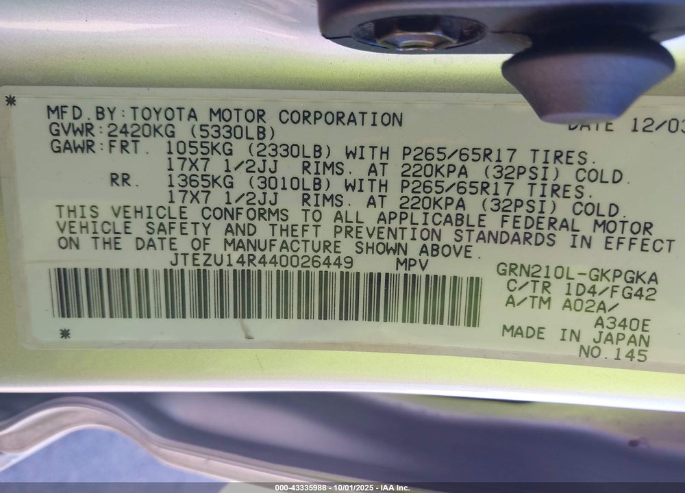 2004 TOYOTA 4RUNNER SR5 V6 VIN: JTEZU14R440026449