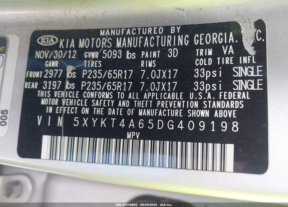 2013 KIA SORENTO VIN: 5XYKT4A65DG409198