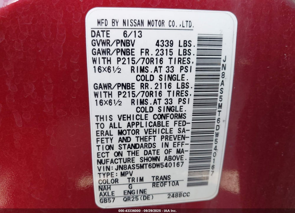 2013 NISSAN ROGUE SPORT VIN: JN8AS5MT6DW540167