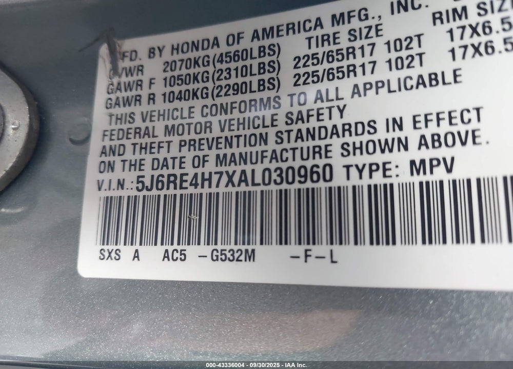 2010 HONDA CR-V VIN: 5J6RE4H7XAL030960