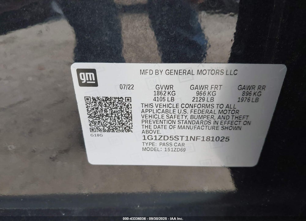 2022 CHEVROLET MALIBU FWD LT VIN: 1G1ZD5ST1NF181025