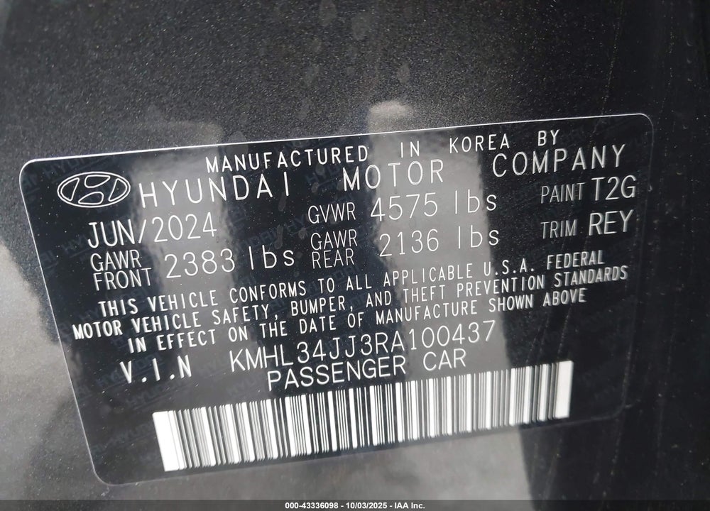 2024 HYUNDAI SONATA HYBRID VIN: KMHL34JJ3RA100437