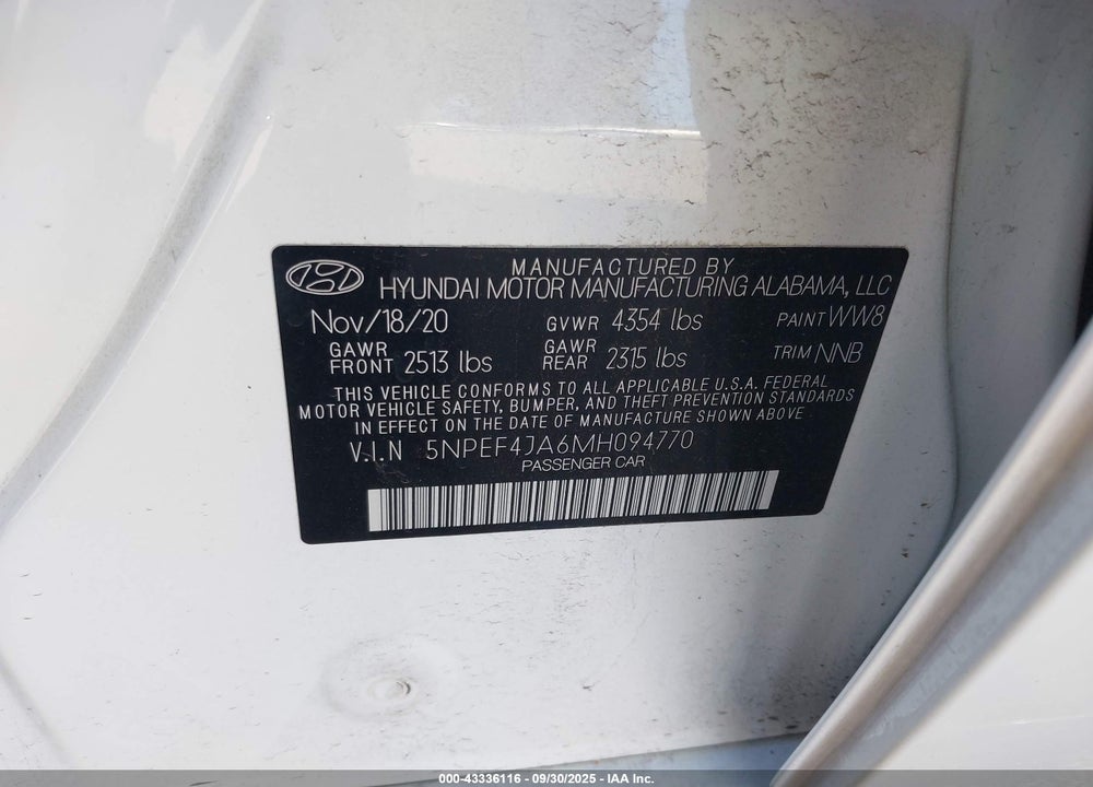 2021 HYUNDAI SONATA SEL VIN: 5NPEF4JA6MH094770