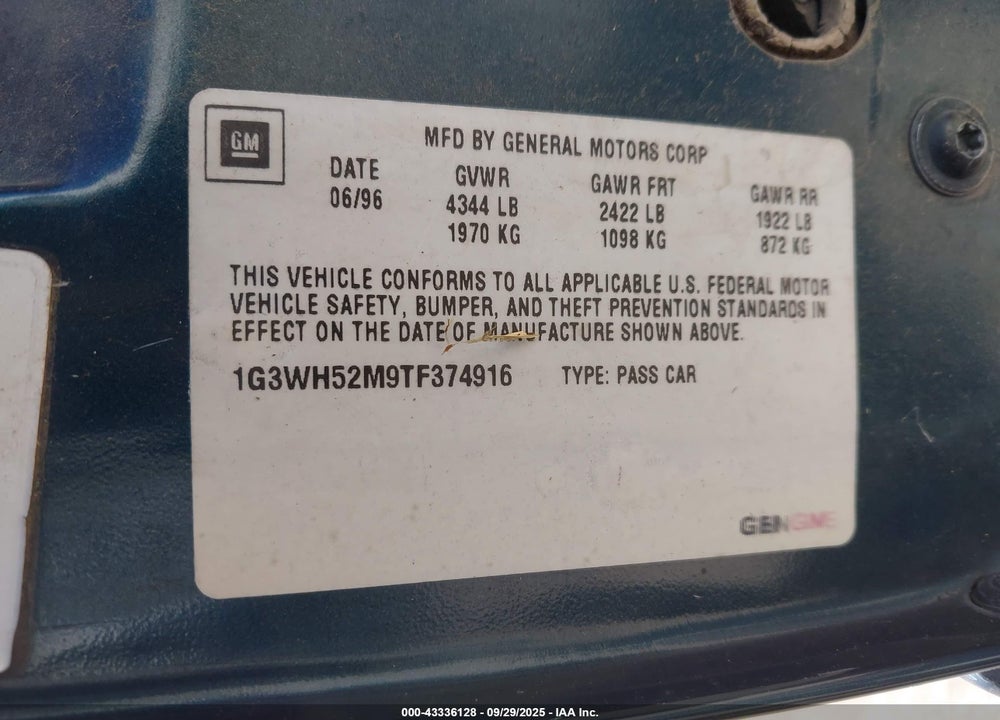 1996 OLDSMOBILE CUTLASS SUPREME SL VIN: 1G3WH52M9TF374916