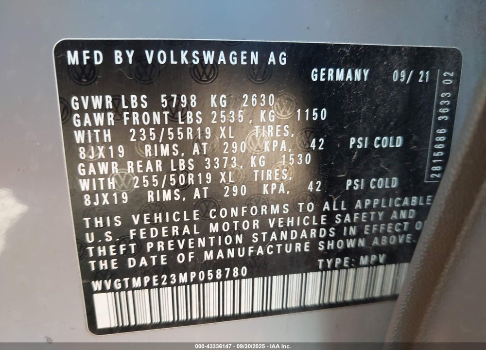 2021 VOLKSWAGEN ID.4 VIN: WVGTMPE23MP058780