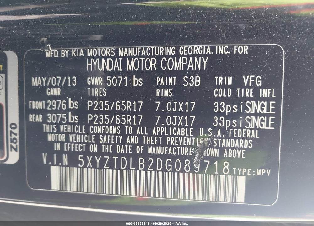 2013 HYUNDAI SANTA FE SPORT VIN: 5XYZTDLB2DG089718
