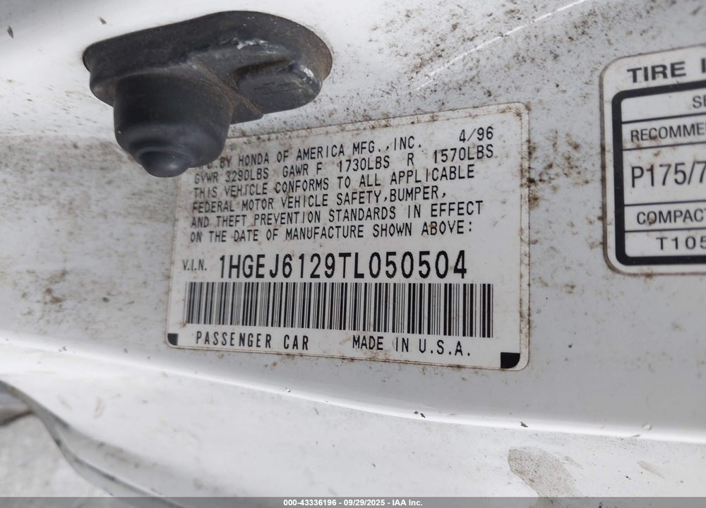 1996 HONDA CIVIC DX VIN: 1HGEJ6129TL050504