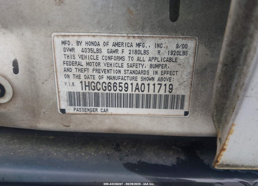 2001 HONDA ACCORD 2.3 LX VIN: 1HGCG66591A011719
