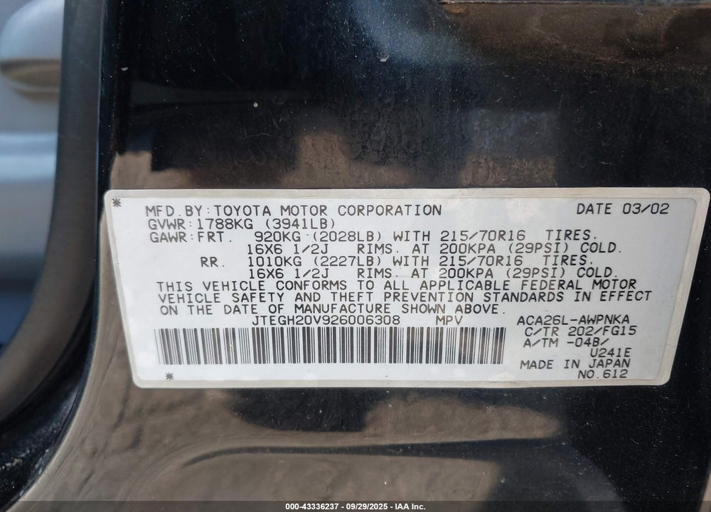 2002 TOYOTA RAV4 VIN: JTEGH20V926006308