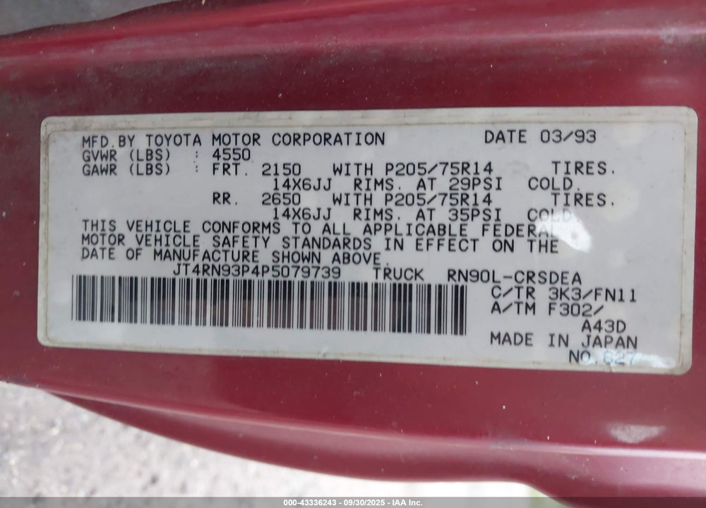 1993 TOYOTA PICKUP 1/2 TON EX LONG WHLBSE DX VIN: JT4RN93P4P5079739