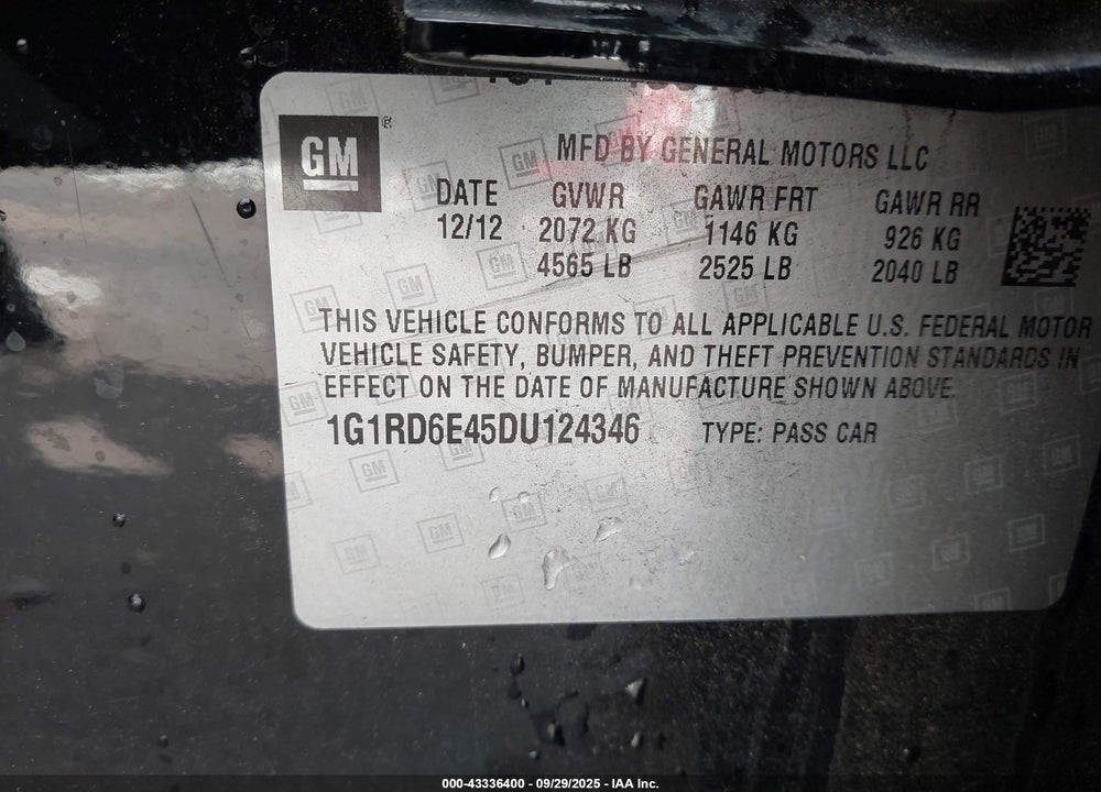 2013 CHEVROLET VOLT VIN: 1G1RD6E45DU124346