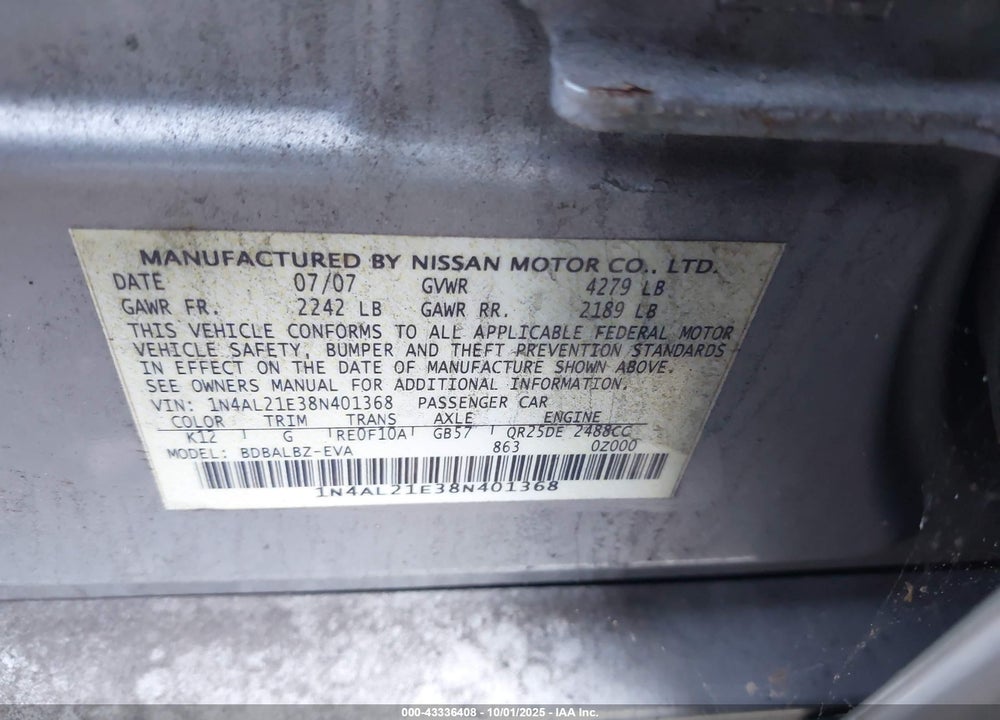 2008 NISSAN ALTIMA 2.5 S VIN: 1N4AL21E38N401368