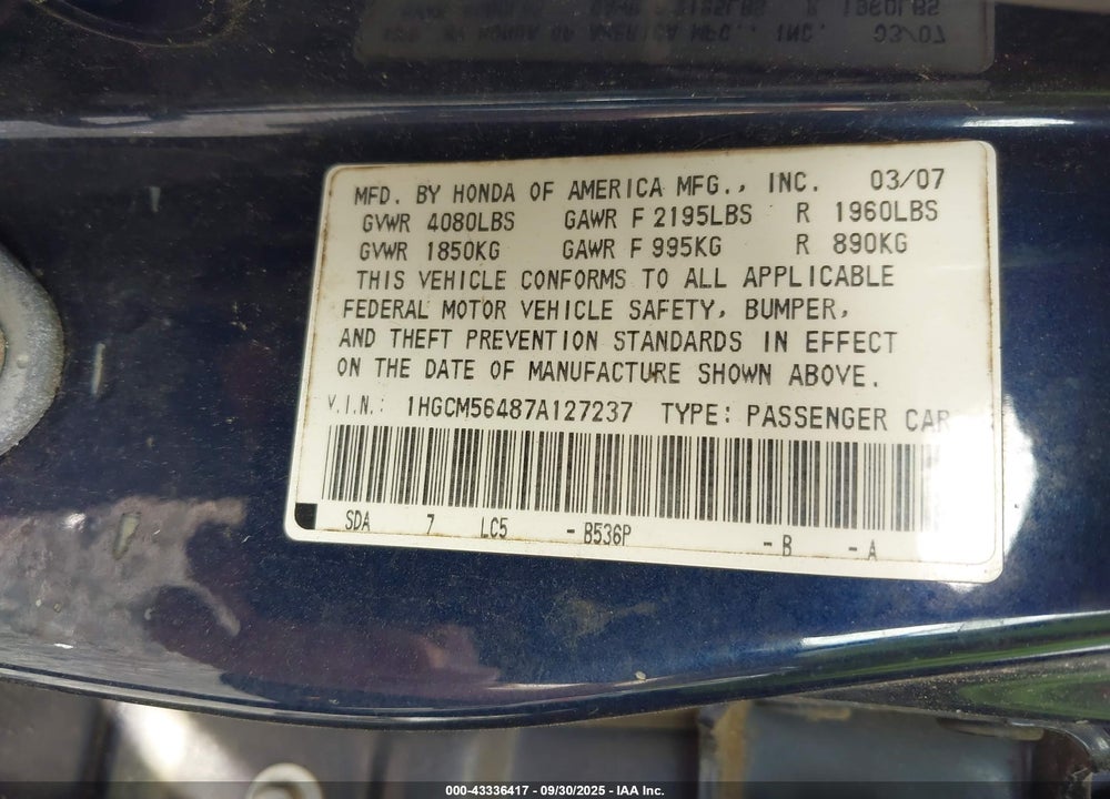 2007 HONDA ACCORD 2.4 LX VIN: 1HGCM56487A127237