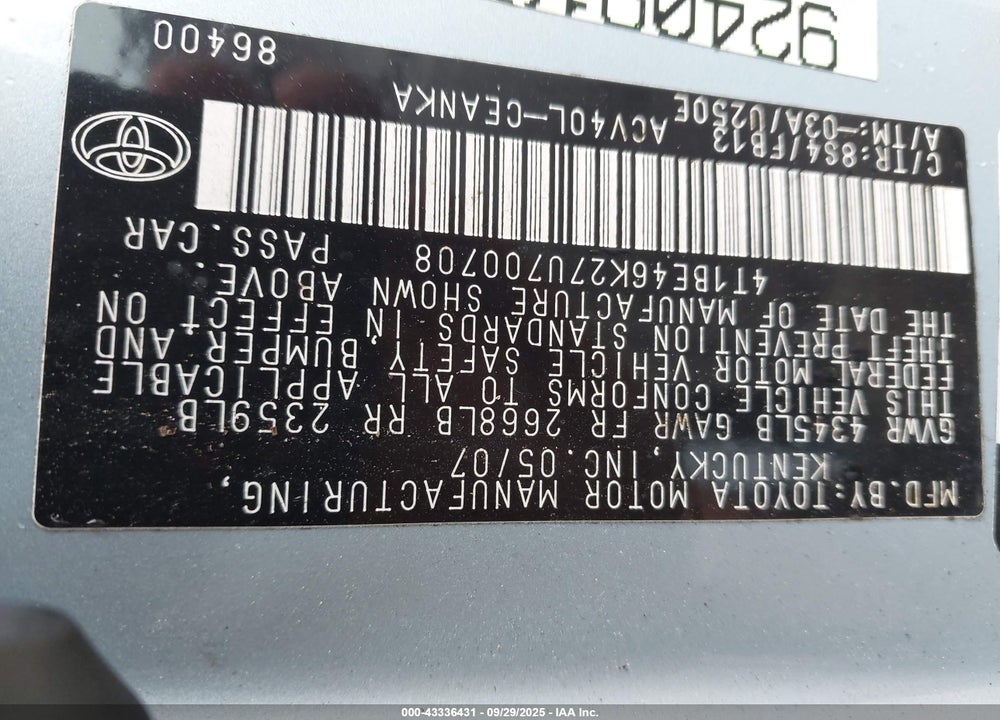2007 TOYOTA CAMRY VIN: 4T1BE46K27U700708