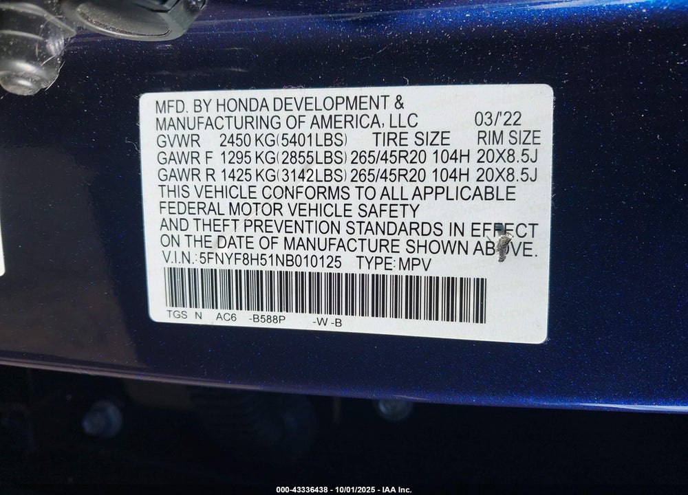 2022 HONDA PASSPORT AWD EX-L VIN: 5FNYF8H51NB010125