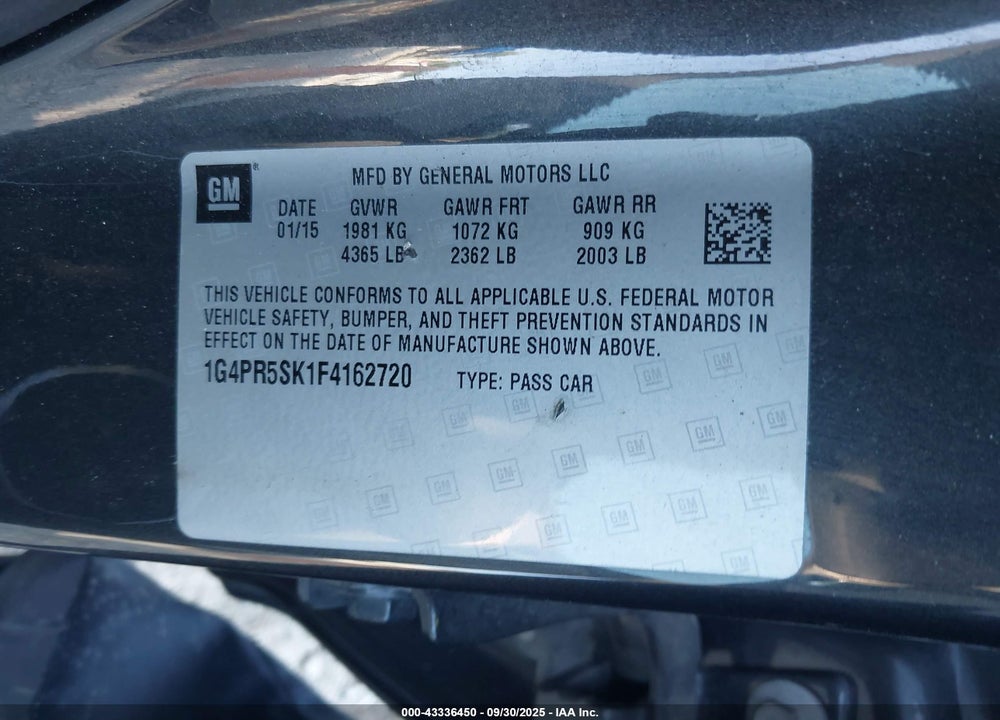 2015 BUICK VERANO VIN: 1G4PR5SK1F4162720