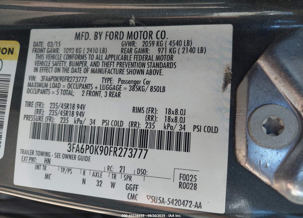2015 FORD FUSION VIN: 3FA6P0K90FR273777
