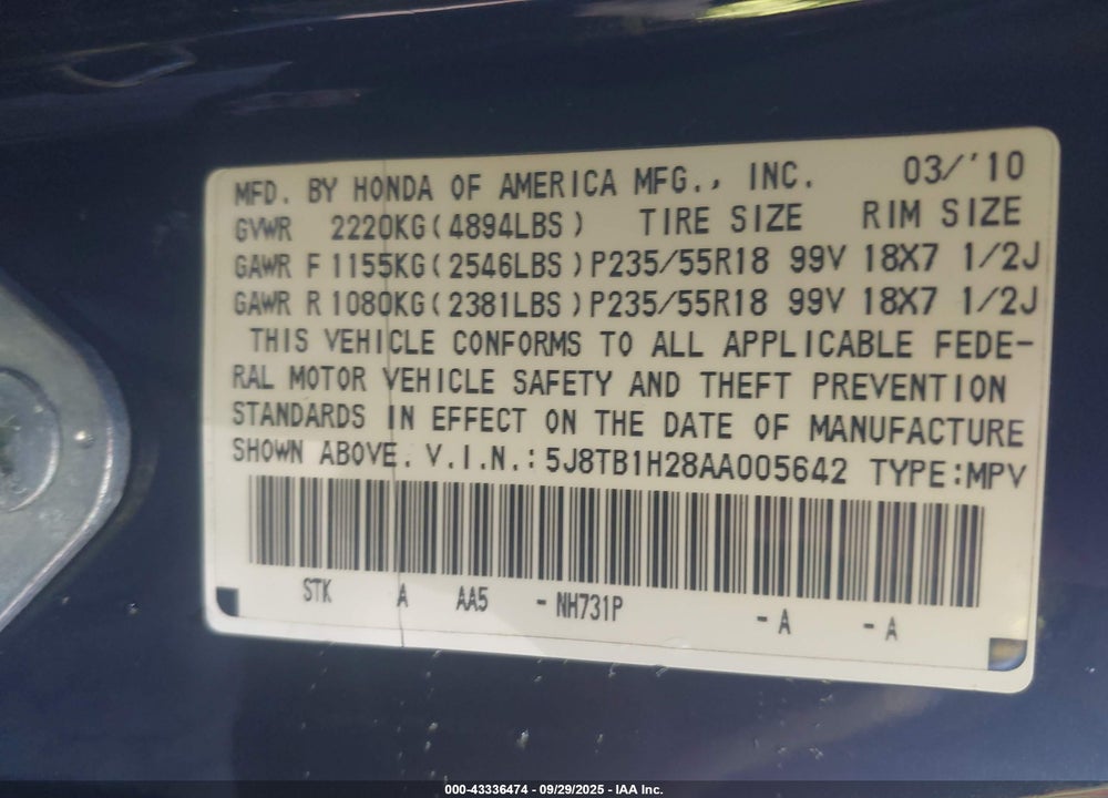 2010 ACURA RDX VIN: 5J8TB1H28AA005642