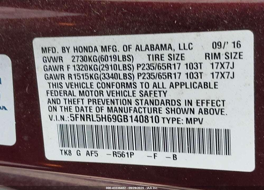 2016 HONDA ODYSSEY EX-L VIN: 5FNRL5H69GB140810