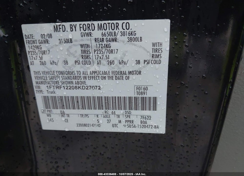 2008 FORD F-150 VIN: 1FTRF12208KD27072